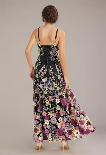 3D Floral Embroidery Prom Dresses for Women Long Spaghetti Straps Flower Applique Tulle Formal Gown Evening Dress4