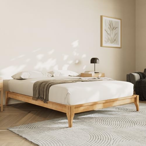 Merax Mid-Century Bamboo Platform Bed, Queen Size Bed Frame with Wood Slat Support, No Box Spring Needed, Easy Tool-Free Assembly, Natural