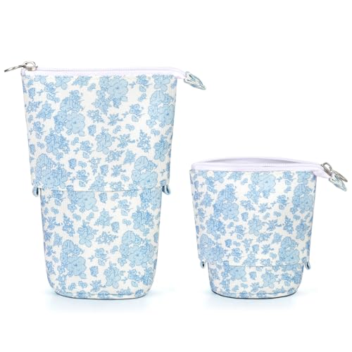 Image of Cute Standing Pencil Case Pen Holder for Kids, Pop Up Stand UP Bubble Tea Pen Organizer Kawaii Stationary for Christmas Holiday New Year Office (Blue flowers)