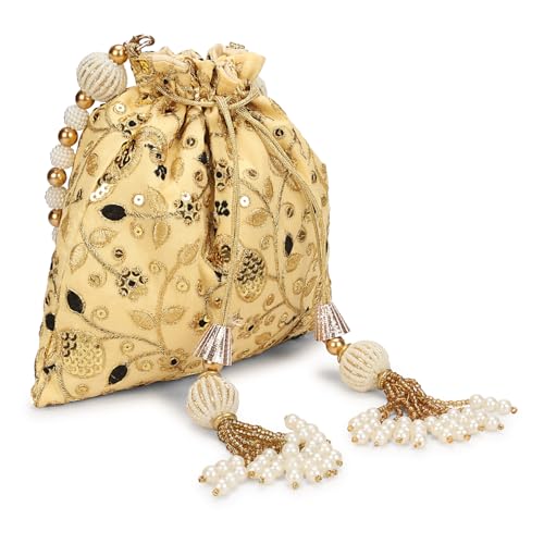 Image of LONGING TO BUY Indian Embroidered Pearl Potli Bag For Women, Sequence Design with Tassel, Wedding Potli Bags