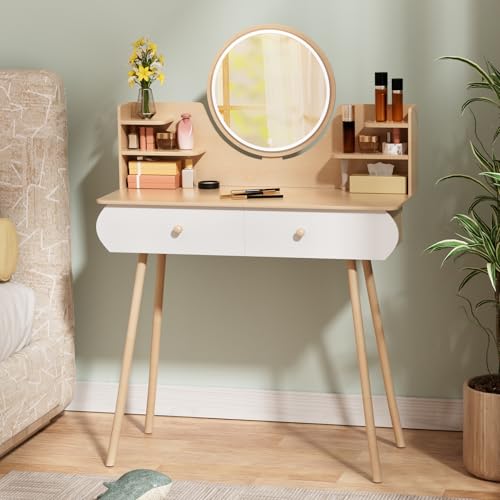 Image of ilkqeppe Small Vanity Desk with Mirror and Lights, Dressing Table with 2 Drawers and Opening Shelves, Makeup Vanity with 3 Modes Brightness Adjustable