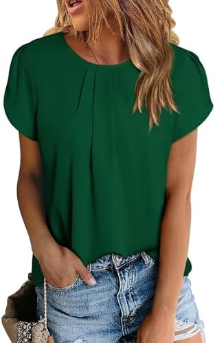 PRETTYGARDEN Women's Tops 2025 Casual Summer Round Neck Short Sleeve Basic Pleated Loose Fit Blouses Plain Tunic Shirts