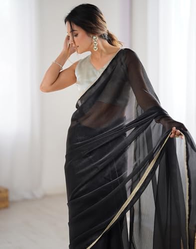 Image of SIRIL Women's Shimmer Chiffon Lace Border Saree With Unstitched Blouse Piece
