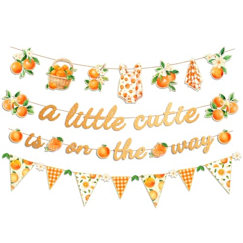 NICROHOME EUR Baby Shower Decorations 4PCS Glitter A Little Cutie Is On The Way Banners Orange Citrus Party Garlands for Backdrop Wall Hanging First Birthday Little Cutie Gender Reveal Party Banner