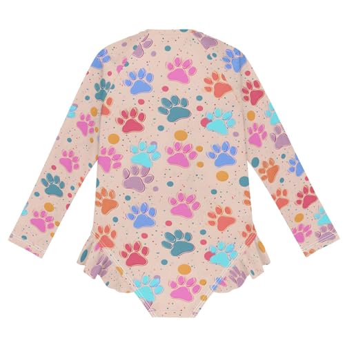 ALAZA Footprint Dog Paw Print Colorful Girls One Piece Swimsuit Long Sleeve Rash Guard Swimsuits UV 50+ Swimwear Zipper 5