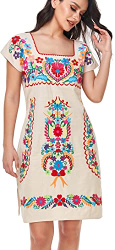 Image of YZXDORWJ Women Mexican Embroidered Dress Ruffle Collar Sleeveless