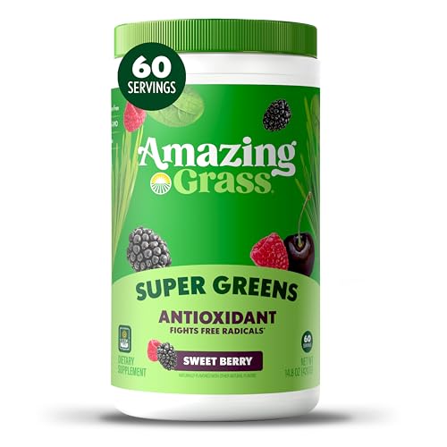 Amazing Grass Super Greens Powder Antioxidant Organic Greens Blend Powder Superfood Smoothie Mix with Vitamin C and Vitamin K Sweet Berry 60 Servings 14.8 Ounce (Packaging May Vary)