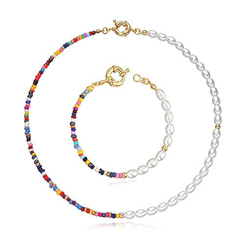 KDIZI Bohemian Bead Pearl Choker Necklace and Bracelet Handmade Colorful Seed Beaded Set Jewelry for Women (Pearl)