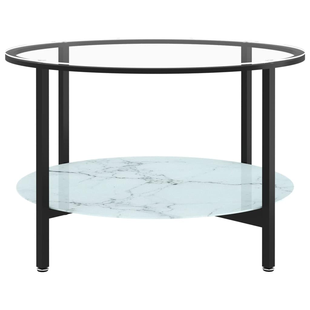 Stolik pomocniczy, czarno-biały, o wyglądzie marmuru, średnica 70 cm, szkło hartowane, malowane proszkowo, metal, okrągły stół z miejscem do przechowywania, do salonu, sypialni, biura, sofy