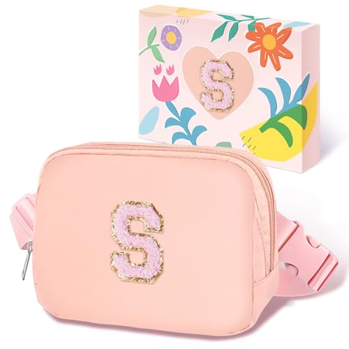 Image of COSHAYSOO Valentines Birthday Initial Gifts for Teen Girls 5 6 7 8 9 10 11 12 13 14 Year Old Pink Fanny Pack for Girls Belt Bag Crossbody Travel Purse Unique Trendy Girly Stuff Chenille Letter S