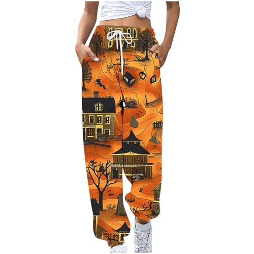 Womens Halloween Sweatpants Pumpkin Face Print Loose Pants Fashion Elastic Waist Drawstring Jogging with Pockets