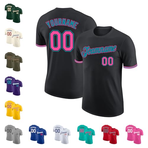 Custom Black Baseball Jersey Shirt Men Women Youth Printed Personalized Pink and Teal Letters Number Blank Softball Soccer Uniform Top, Design Casual Team T-Shirts for Sports Fans Cheerleader Workwear