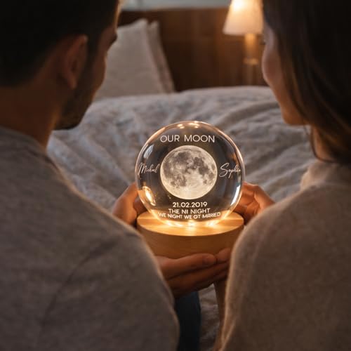 Image of Evamall Custom Moon Phase Crystal Ball Night Light, Personalized LED Crystal Globe for Couples, Wedding Anniversary Keepsake, Valentine's Day Gift, The Night We Got Married