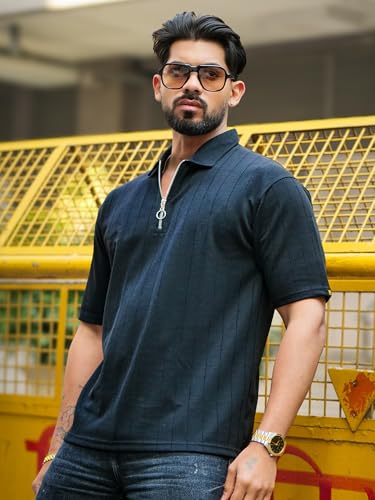 Image of Maniac || Mens || Textured || Polo Neck || 3 /4th Sleeve || Half Zipper || Cotton || T-Shirt