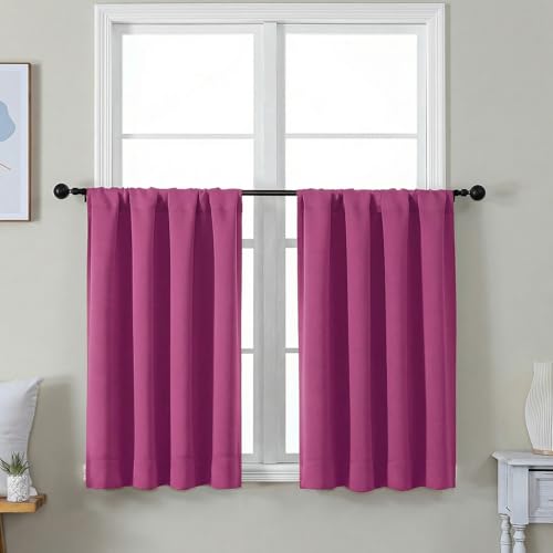 Image of Simplebrand Ava Hot Pink Short 36 Inches Blackout Curtain 2 Panels Set, Half Window Rod Pocket Privacy Curtain Tiers for Kitchen, Curtains Blackout for Bathroom Shades, W40 x L36 Inch, Hot Pink