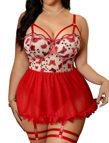 Image of Alrovetoney Plus Size Lingerie For Curvy Women Ruffle Lingerie Set Sexy Lace Lingerie Set Garter Belt With Stockings