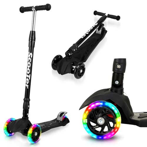 Hebitod Patinete para niños a partir de 3 años con ruedas LED, patinete plegable para niños de 3 a 16 años, altura regulable en 4 posiciones, 66 – 88 cm, ruedas de poliuretano, dirección de