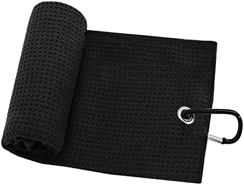 FINGER TEN Golf Waffle Towels for Golf Bags with Clip 24"X16", Tri-fold Towel Microfiber Hook Loop for Men Women Club Cleaning Groove Cleaner fit Sport (Black Towel-1 Pack)