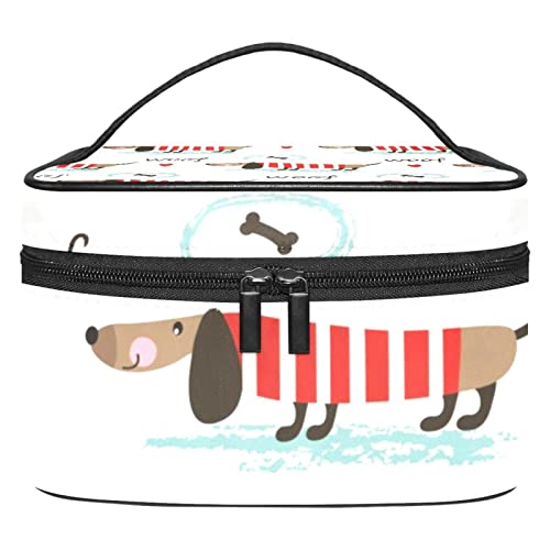 Trousse de maquillage pour dame avec imprimé cœurs rouges et motifs chiens