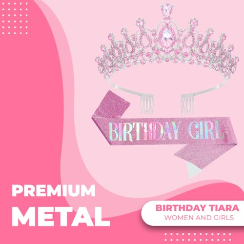 Birthday Tiara and Crown with Sash for Women, Hair Accessories for Wedding Party Costume (B - Pink)