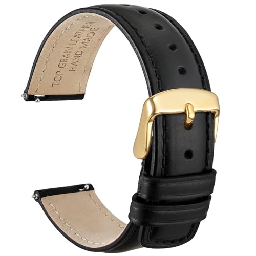 WOCCI 18mm Uhrenarmband für Herren und Damen, Echtes Leder - Top Genarbtes Leder, Schnellverschluss, Goldene Schnalle (Schwarz)