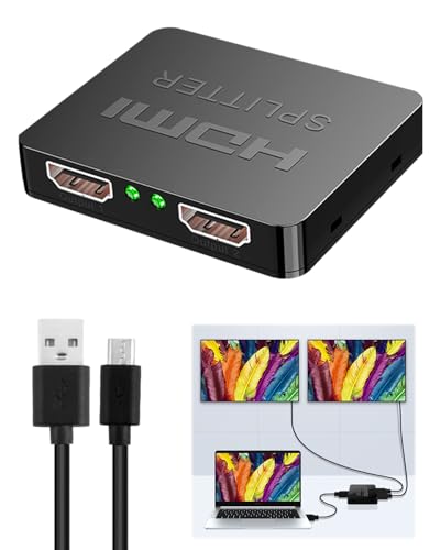 Divisor HDMI 1 en 2 Salidas, 4K 3D 1080P HDMI Splitter Adaptador 1 Entrada 2 Salida con Cable de Alimentación Micro USB,HDMI Splitter 1 in 2 out para Monitor Doble Compatible con HDTV Xbox PS4 PS3 DVD