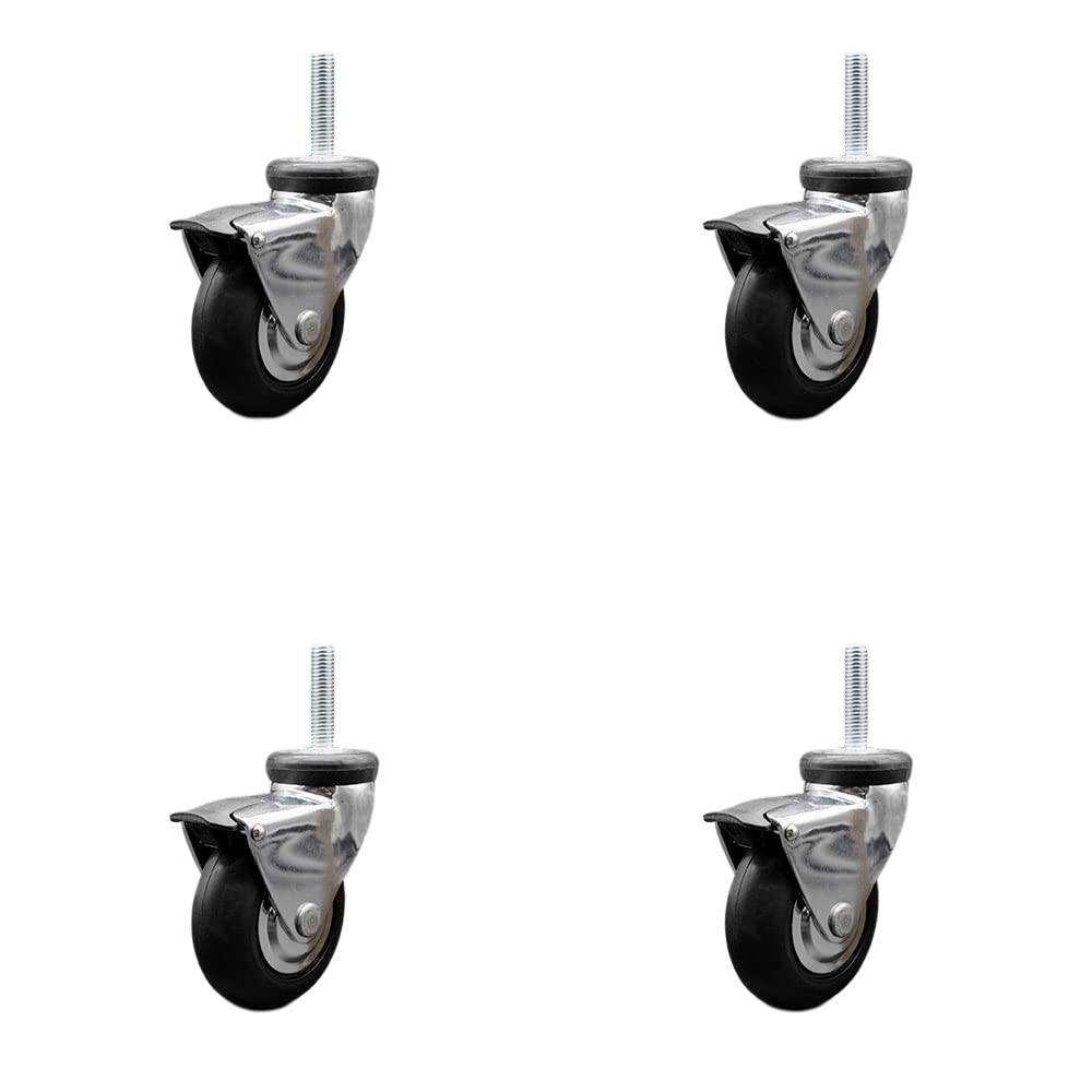 3 Inch Swivel Caster Wheels for Furniture - Bright Chrome Hooded Neoprene Rubber Wheel with 10mm - 1.50 x 1-1/2 Inch Metric Threaded Stem and Brake-440lbs. Total Capacity-Set of 4-Service Caster Brand
