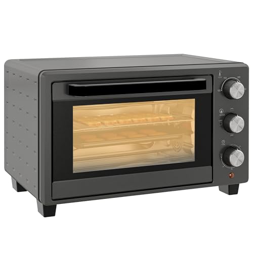 HOMCOM Mini horno 21L 1400W 60 min. temporizador, horno pequeño con tiempo de cocción ajustable 100 °C-230 °C, mini horno con bandeja de horno, rejilla de alambre, horno de sobremesa de metal, gris