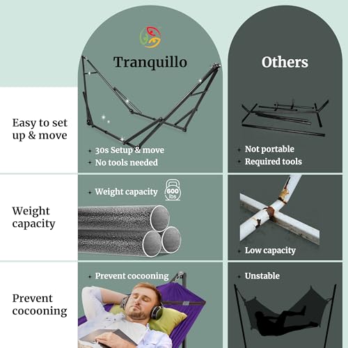 Tranquillo Double Hammock with Stand Included for 2 Persons/Foldable Hammock Stand 600 lbs Capacity Portable Case - Inhouse, Outdoor, Camping, Purple