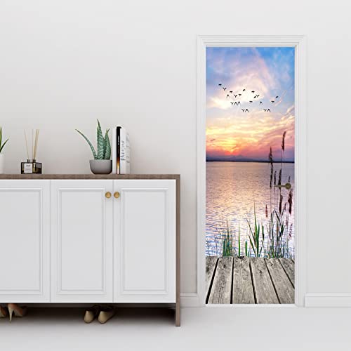 Door Sticker Mural, Door Murals 3D Sea Geese At Sunset Wall Stickers For Bedroom Wall Murals For Living Room, Door Decals Door Wallpaper Stick And Peel 37.4X84.6 Inch #TOP3