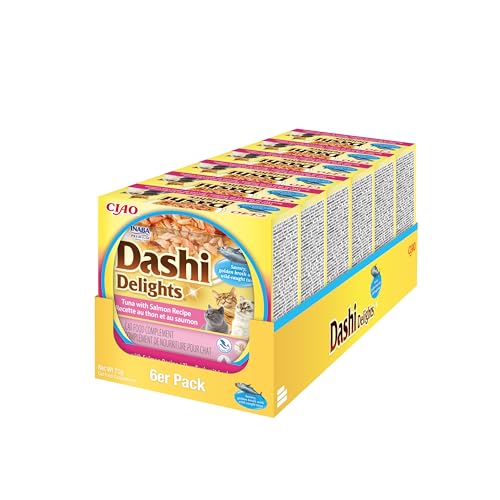 INABA Dashi Delights Gatos - Caldo Saludable de Copos de Bonito con Salmón - Alto Contenido en Proteínas - Ingredientes Naturales - Sin Conservantes ni Colorantes - 420g (6X 70g)