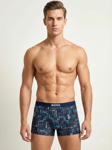 Image of BONO Mens Trunks Pack of 2 Cotton Underwear Breathable Printed Anti-Bacterial Underwear Men Trunk with No Marks Nylon Buffed Stretchable Waistband
