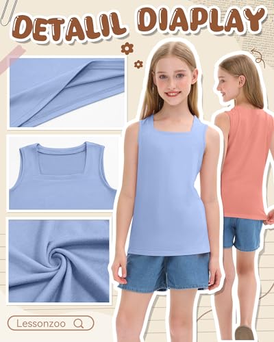 Image of 3 Pack Girls Square Neck Tank Tops | Basic, Sleeveless T-Shirts, Casual Summer Tanks, Kids Undershirts, School, Size 5-14 Years, Comfy, Elasticity