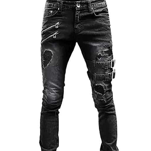 Pantalones de mezclilla para hombre estilo punk rasgados con cremallera, estilo hip hop, desgastados, ajustados, ajustados, de tiro medio, estilo casual, Negro, L | Ya disponible en tu tienda friki favorita! En mundofriki.es!