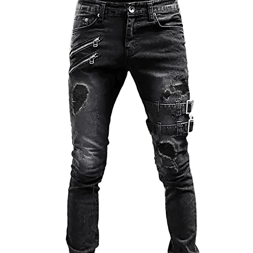 Pantalones de mezclilla para hombre estilo punk rasgados con