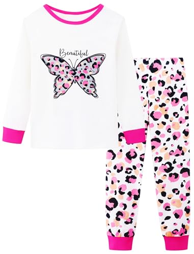 Mikrdoo Girls Pajamas Cute Girls' Sleepwear Color-Blocking Elastic Pjs Soft Cotton White Pink Butterfly Fashion Pjs Set Size 5