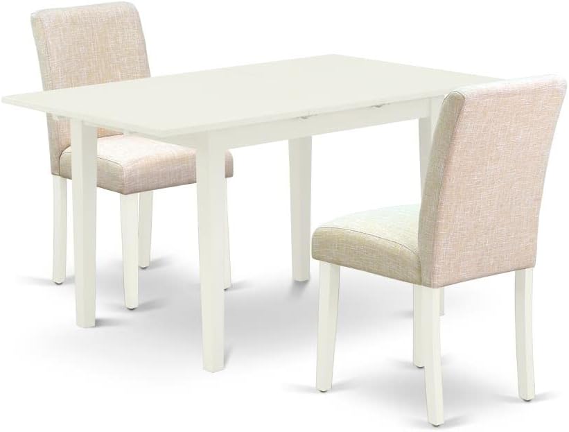 East West Furniture NOAB3-LWH-02 3 Piece Dining Table Set Contains a Rectangle Wooden Table with Butterfly Leaf and 2 Light Beige Linen Fabric Upholstered Chairs, 32x54 Inch, Linen White