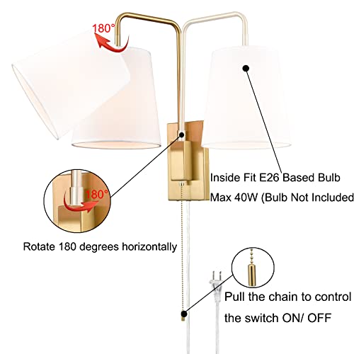 Image of Plug-in Wall Sconces Set of Two Swing Arm with Gold Fabric Shade