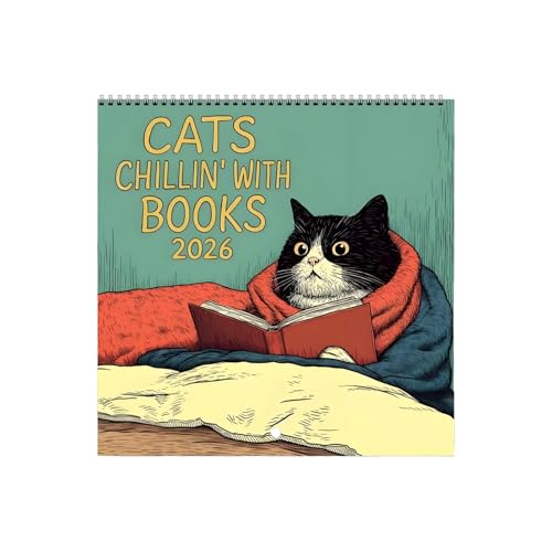 Calendario 2026 de gatos con libros, calendario de gatos 2026, planificador mensual con temática de gatos, 8.3 x 8.3 pulgadas, calendarios de pared grandes y divertidos para decoración del hogar