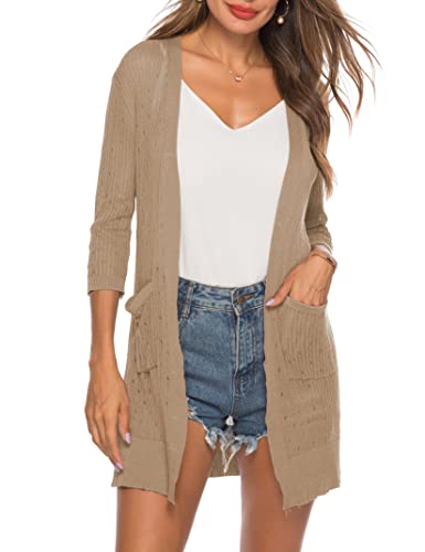 LYHNMW Damen Strickjacke Casual 3/4 Ärmel oder Langarm Leichte Open Front Lange Strickcardigan mit Tasche, B-khaki, X-Groß