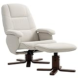 HOMCOM Linen Swivel Recliner Chair with Footstool, Upholstered Reclining Armchair with Wooden Base for Living Room, Beige