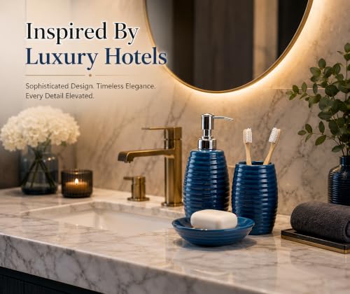 Image of Quace Ceramic Bathroom Accessories Set of 3, Soap Dispenser, Toothbrush Holder & Soap Dish, Modern Bathroom Decor Set for Wash Basin, Vanity Counter & Guest Bathroom (Ocean Blue)