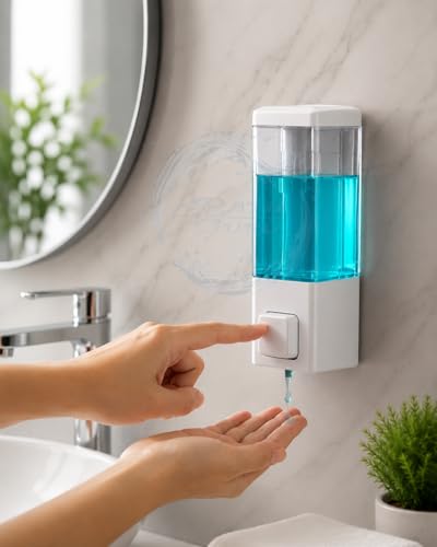Image of BATH GURU Wall Mounted Soap Dispenser Pack of 4, 350ml, ABS Plastic Refillable Hand Wash, Shampoo, Conditioner & Sanitizer Dispenser, Manual Liquid Soap Dispenser for Bathroom, Kitchen, Clear White