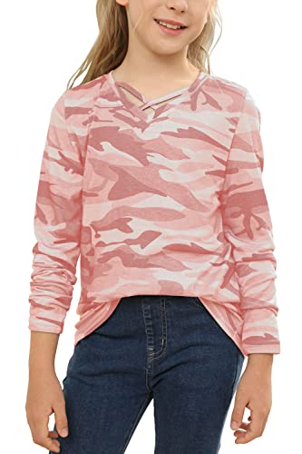 Image of Girls Camouflage Stripe Short Sleeve Shirts V Neck Criss Cross Tees Sweat Kids Casual Sport Tops Blouse（4-15T）