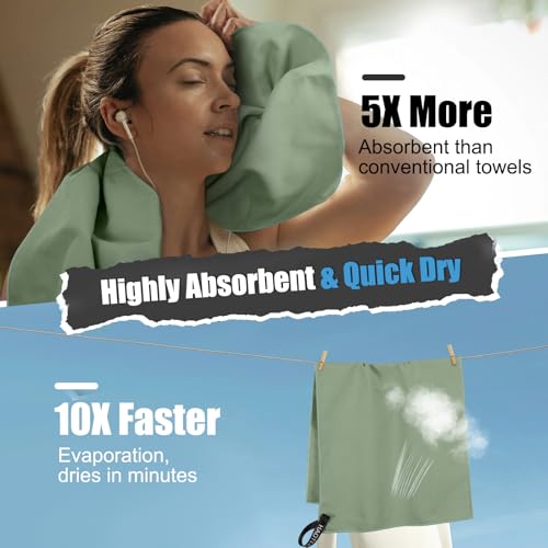 Quick Dry Travel Towel, 3 Sizes 1 Pack Camping Microfiber Towel, Lightweight Fast Drying Towels Set 60″x30″, 30″x15″, 15″x15″ w/Bag for Gym, Beach, Hiking, Swimming, Army Green