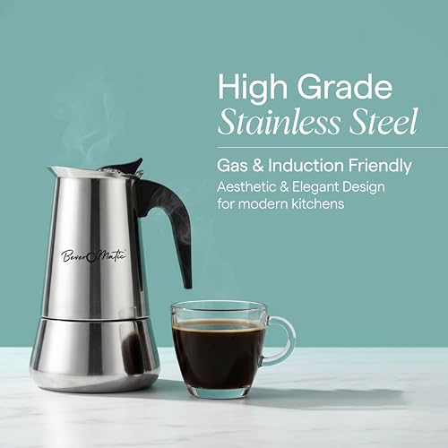 Image of Stainless Steel Stovetop /Induction Top Moka Pot Coffee Maker, 200 ml (4-Cup), Italian-Style Espresso Maker, Coffee Percolator with Heat Resistant Handle, Silver
