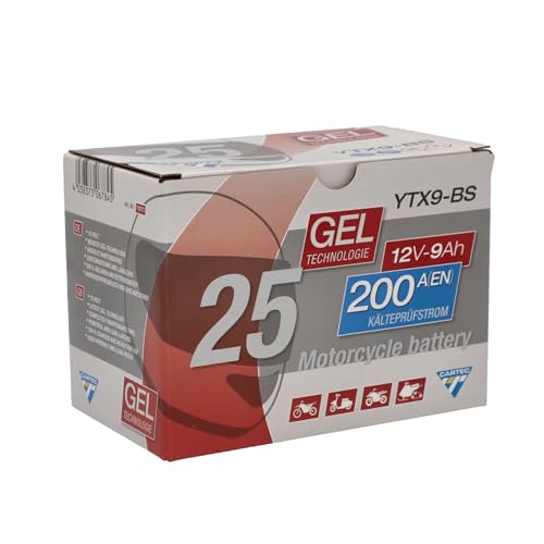 CARTEC Motorradbatterie YTX9-BS, 9Ah, 200A, Gel Technologie Motorrad-Starter-Batterie, Erstausrüsterqualität, zyklenfest, lagerfähig, wartungsfrei, schwarz