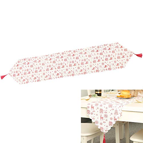 yyuezhi Camino de Mesa Estampado de Lino Navideño con Borla Decoraciones de Banner de Corredor de Mesa de Navidad Camino de Mesa Lino Rojo Navideño Mantel de Camino de Mesa Lavable (Estampado Blanco) Cover