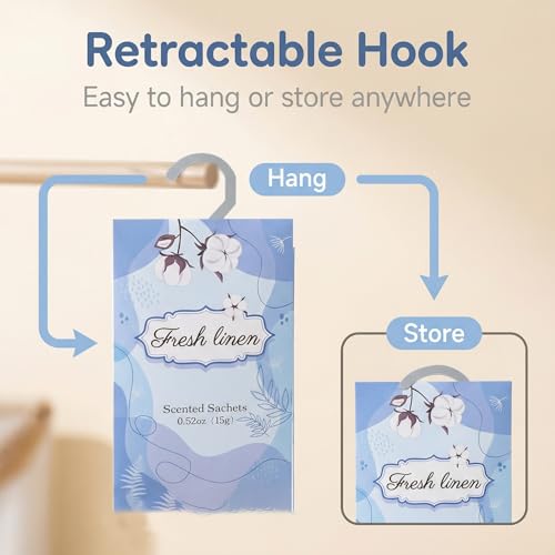 Image of 12 Packs Fresh Linen Hanging Scented Sachets for Drawers and Closets with Retractable Hook| Long-Lasting Closet Air Freshener & Closet Deodorizer | Closet Scent Freshener (Fresh Linen)