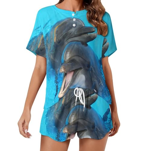Pyjama femme manches courtes vêtements de nuit été sleepwear dauphin rose